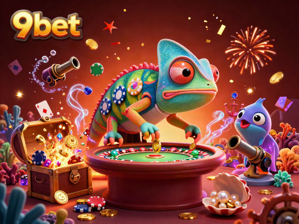 Experience the vibrant casino world of 9bet with a dynamic chameleon owner and rich game elements.