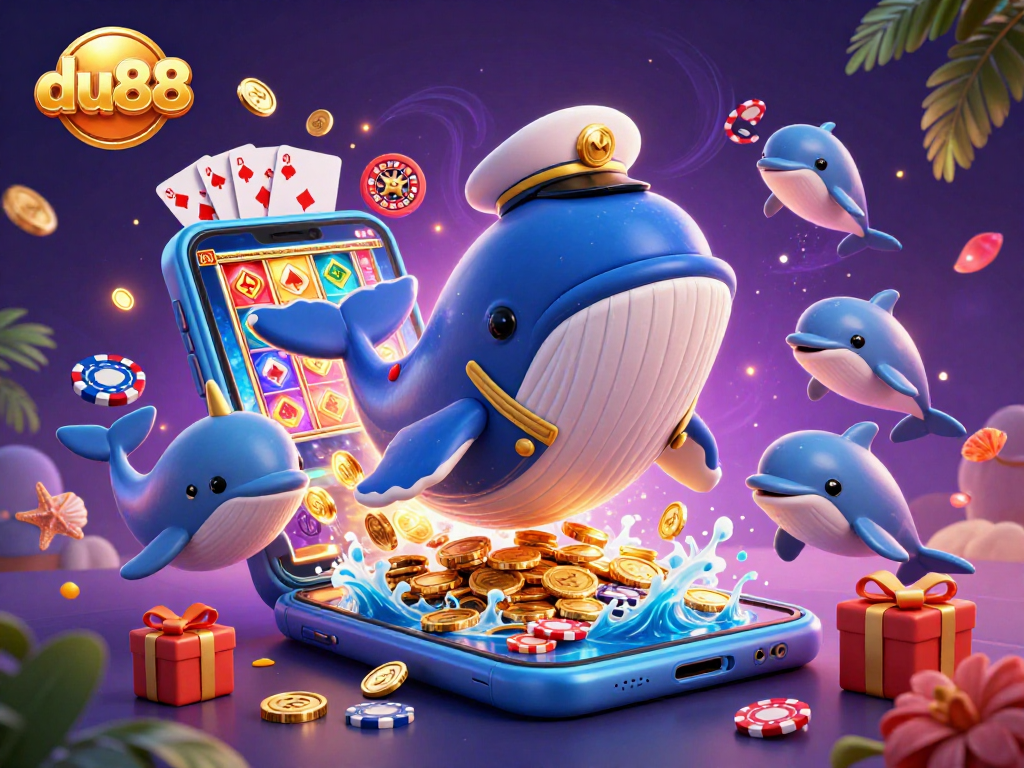 Experience thrilling gameplay with du88, featuring a whimsical whale among coins, slot games, and poker chips.