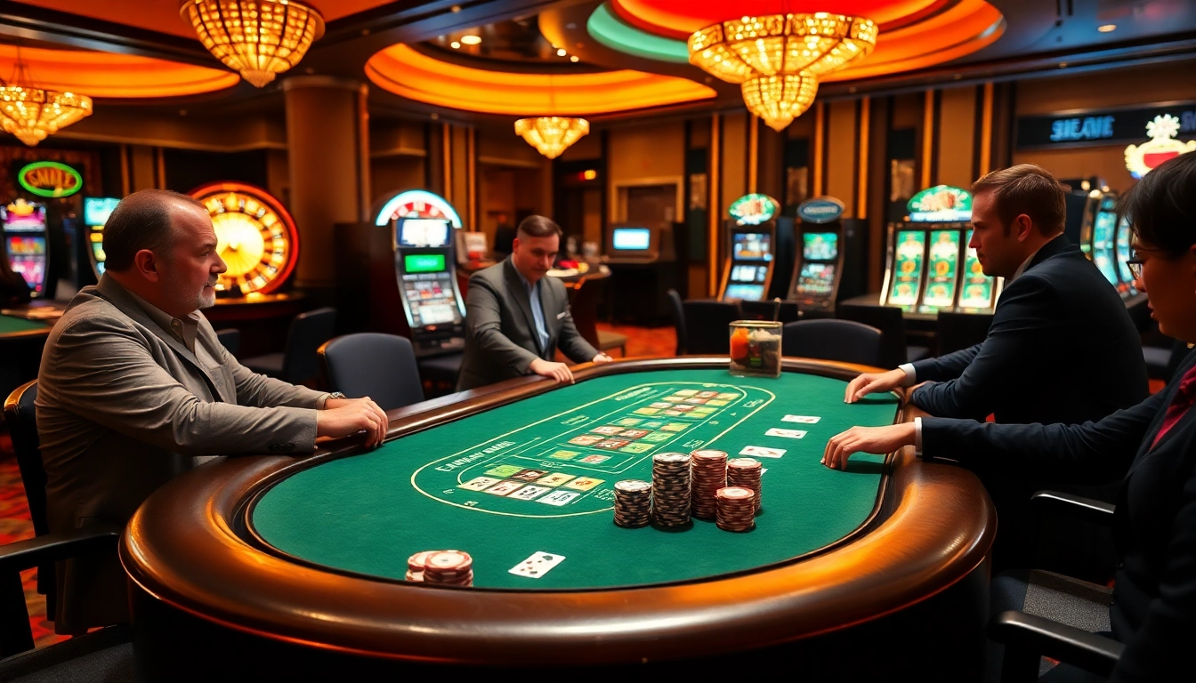 Players strategizing around an S8 poker table in a luxurious casino setting filled with excitement.