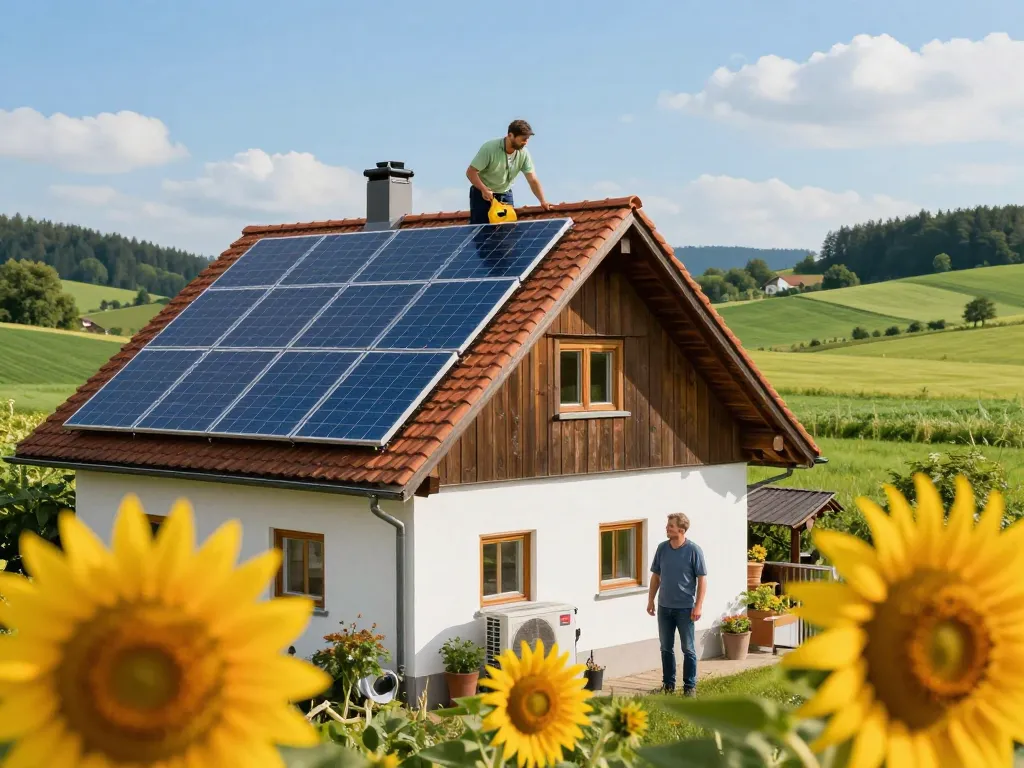 Photovoltaik Bayern: Familienhaus in Bayern mit lebhaften Solarpanelen, Installateur beschäftigt, der nachhaltige Energielösungen veranschaulicht.