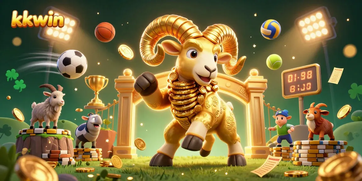 Engage with kkwin's exciting casino experience featuring a dynamic scene with a golden ram, sports elements, and rich details.