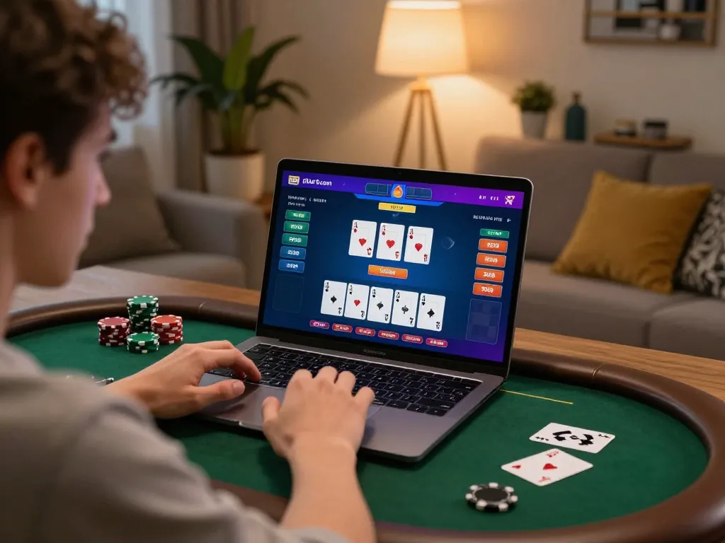 Playing online poker on a laptop showcasing the alo8 com interface in a cozy home setting.
