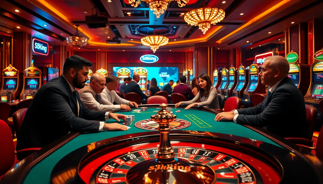 S8king.com players enjoying a thrilling casino atmosphere with poker tables, roulette, and vibrant slot machines.
