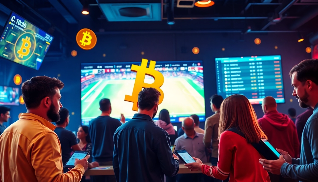 Experience the excitement of Bitcoin betting with diverse players actively engaging in sports bets and digital interfaces.