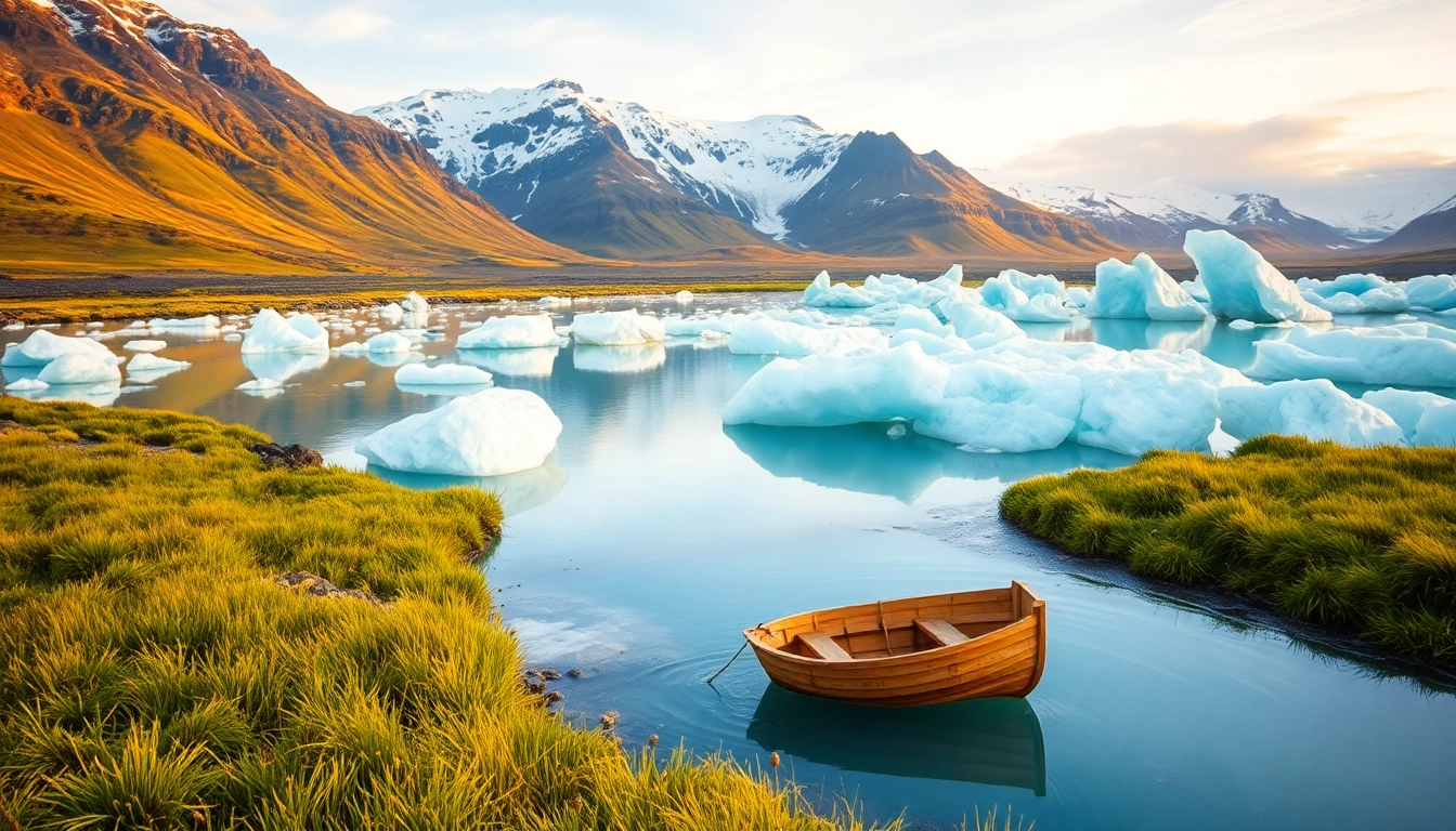 Erleben Sie eine außergewöhnliche Reise nach Island mit der Gletscherlagune Jökulsárlón im Hintergrund und einem malerischen Boot im Vordergrund.