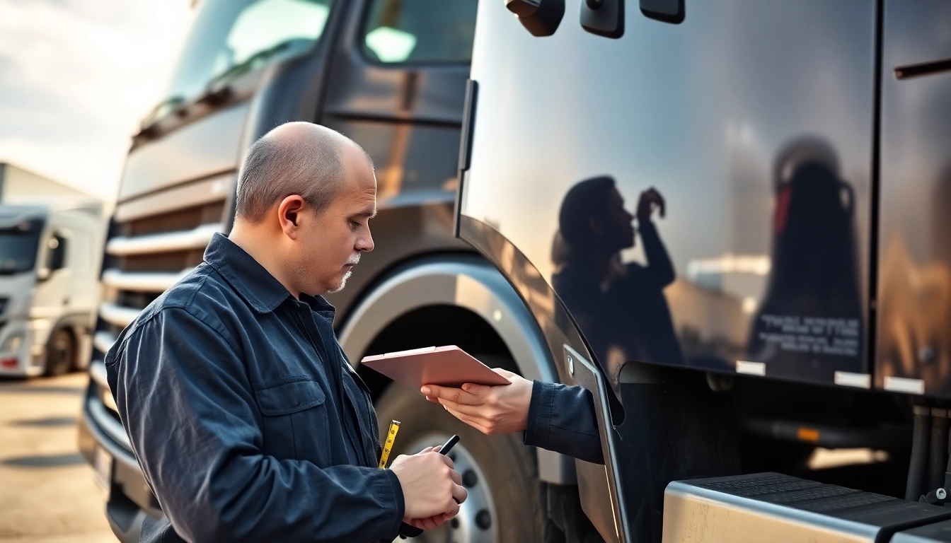 Lkw Gutachter Augsburg überprüft einen großen Lkw in einem Transportlager mit Fachkenntnis.