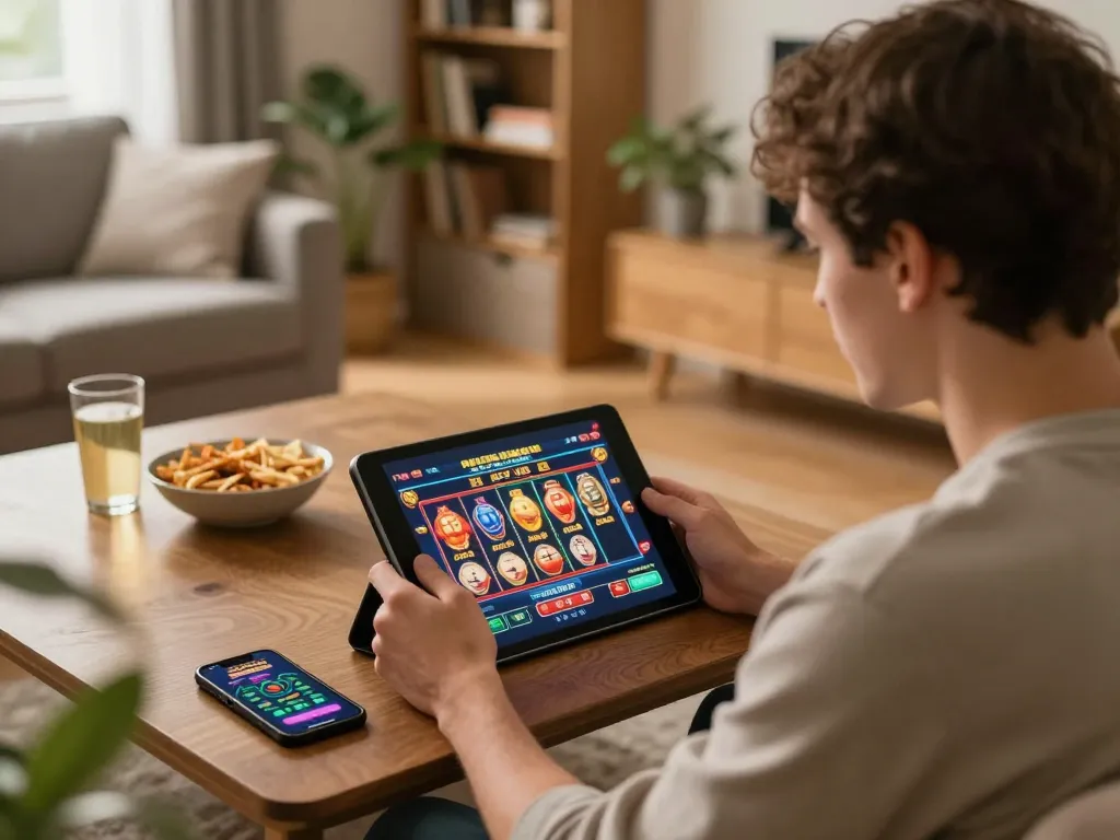 Engaging player exploring f168.news slots on a tablet in a cozy living room