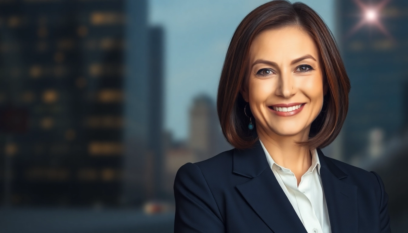 Create a polished AI professional headshot featuring a confident executive with a blurred city background.
