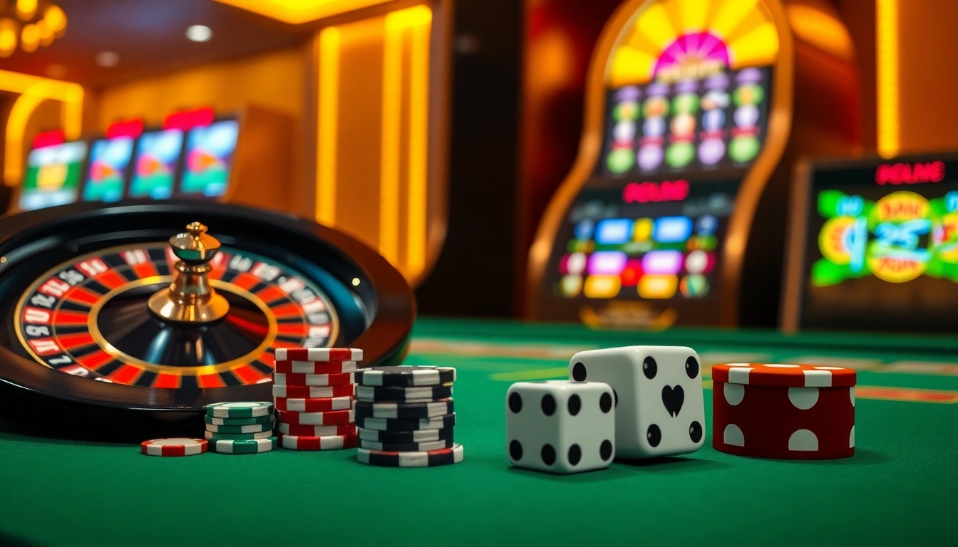 Experience the thrill of qh88 at a lively casino with roulette, poker chips, and vibrant slot machines.