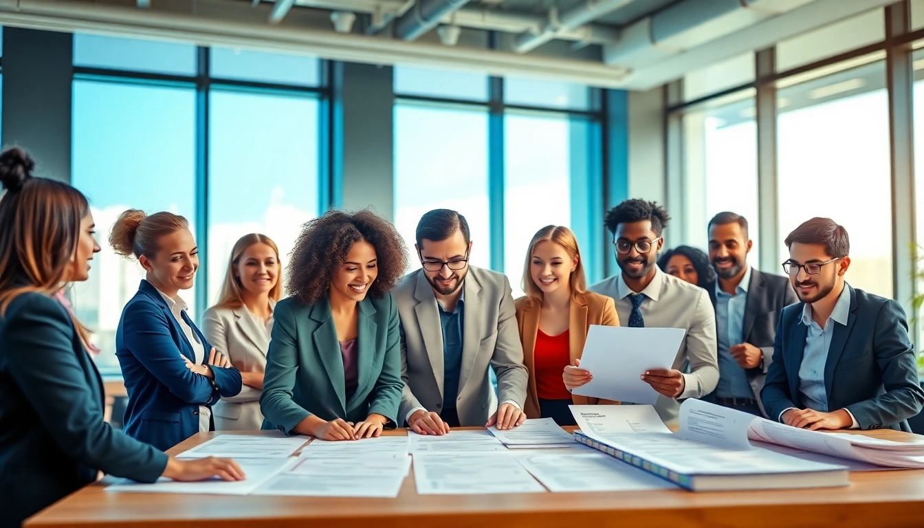 Stellenangebote im Fokus: Diverse Jobanbieter besprechen Chancen in modernem Büro.