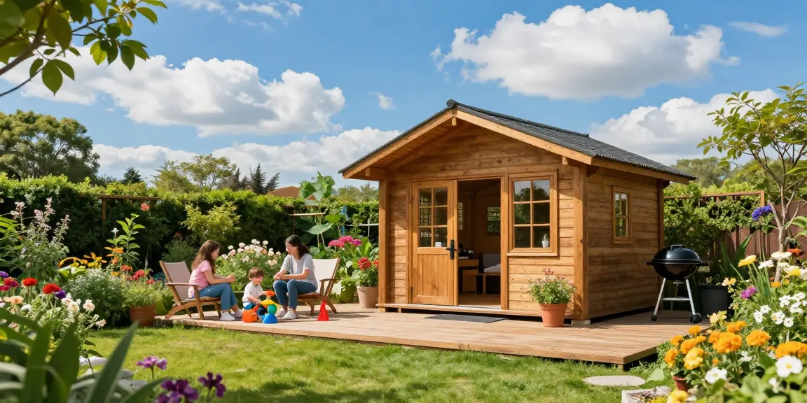 Stimmungsvolles Gartenhaus aus Holz umgeben von blühenden Pflanzen und einer Familie bei einem Grillfest.