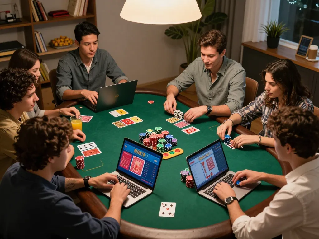 iwin players enjoying a friendly poker game at home, with colorful cards and chips on the table.