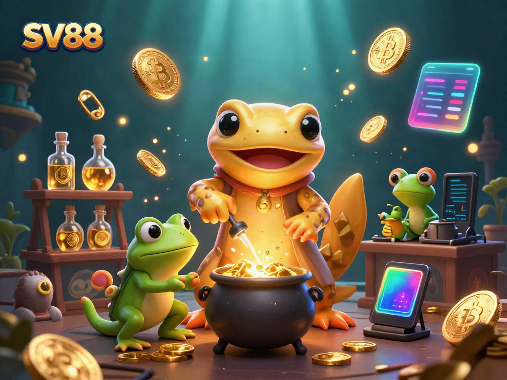 Engage with SV88's dynamic casino atmosphere featuring enchanting golden creatures and cryptocurrency elements.