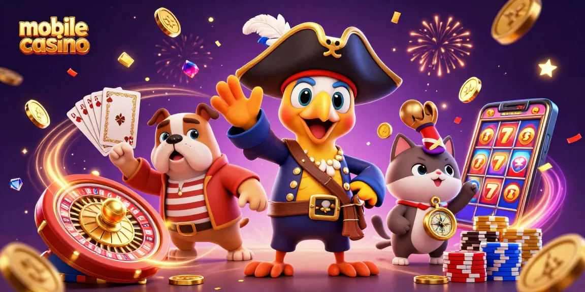 Engage with the mobile casino experience led by a pirate captain, bulldog, and cat, amidst icons of winning.