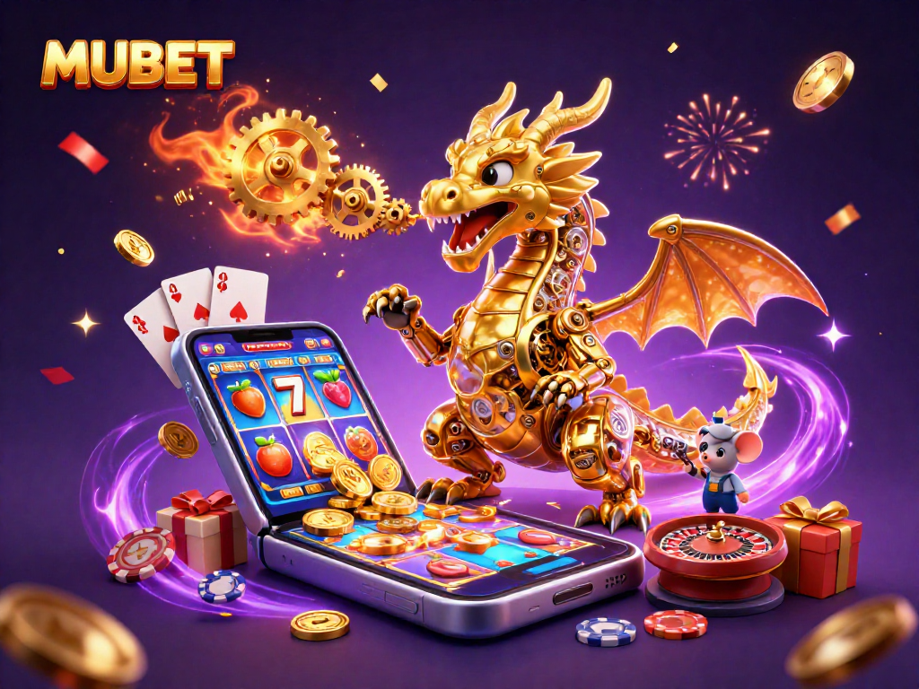 MUBET's exhilarating gaming experience illustrated with a golden dragon and vibrant slots.