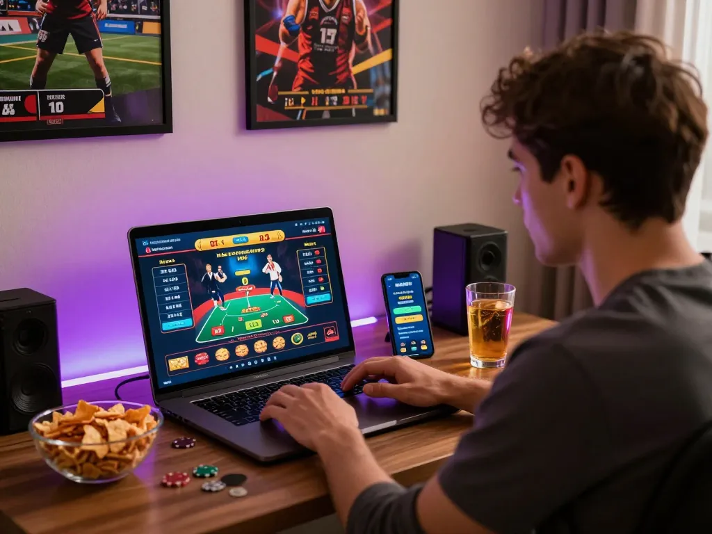 Gambling experience at https://da88.navy/ with user engaging in online betting on laptop, vibrant gaming ambiance.