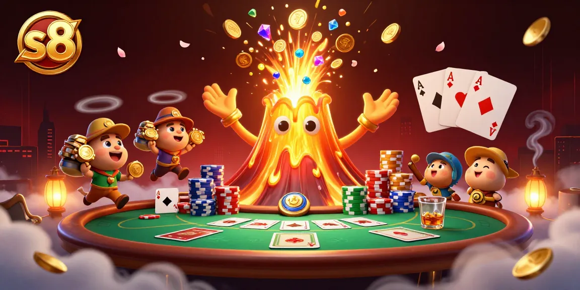 Experience thrilling wins at s8 casino with a vibrant poker scene featuring a golden volcano and treasure!