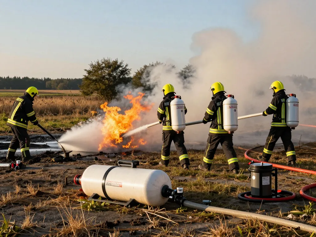 Löschwasserbedarf DVGW W405 Demonstration mit Feuerwehrleuten, die tragbare Wassertanks für eine effektive Brandbekämpfung einsetzen.