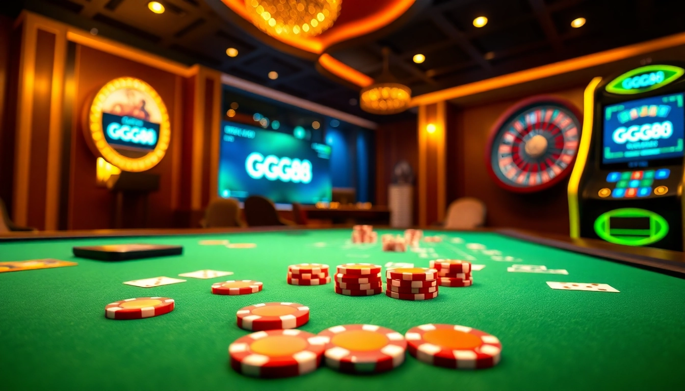 Exciting GG88 online betting scene with poker chips, cards, and a spinning roulette wheel.