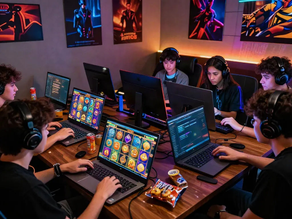 Exciting ROKOK88 slot gaming session with players using laptops and smartphones in a vibrant environment.