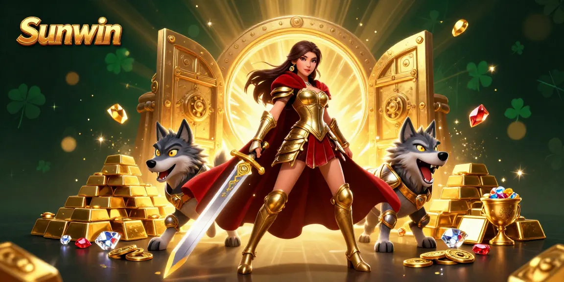Win big at Sunwin with 3D warrior queen and treasure bursting from a vault.