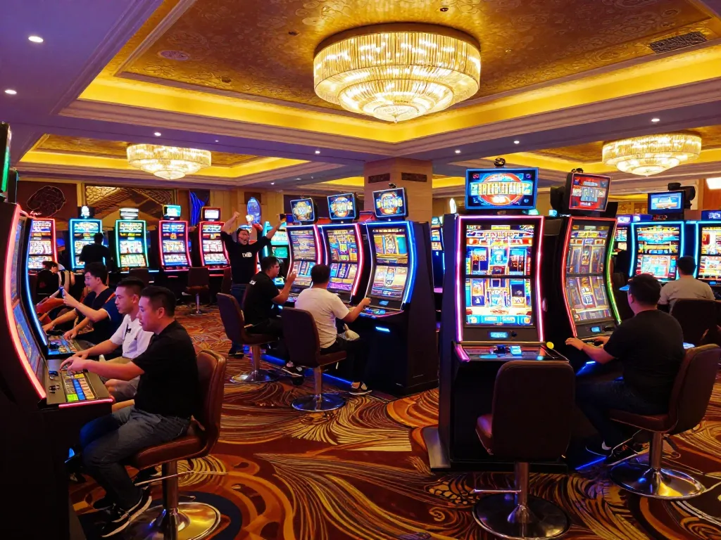 Players celebrating wins at q23win.com, vibrant casino floor scene with slot machines