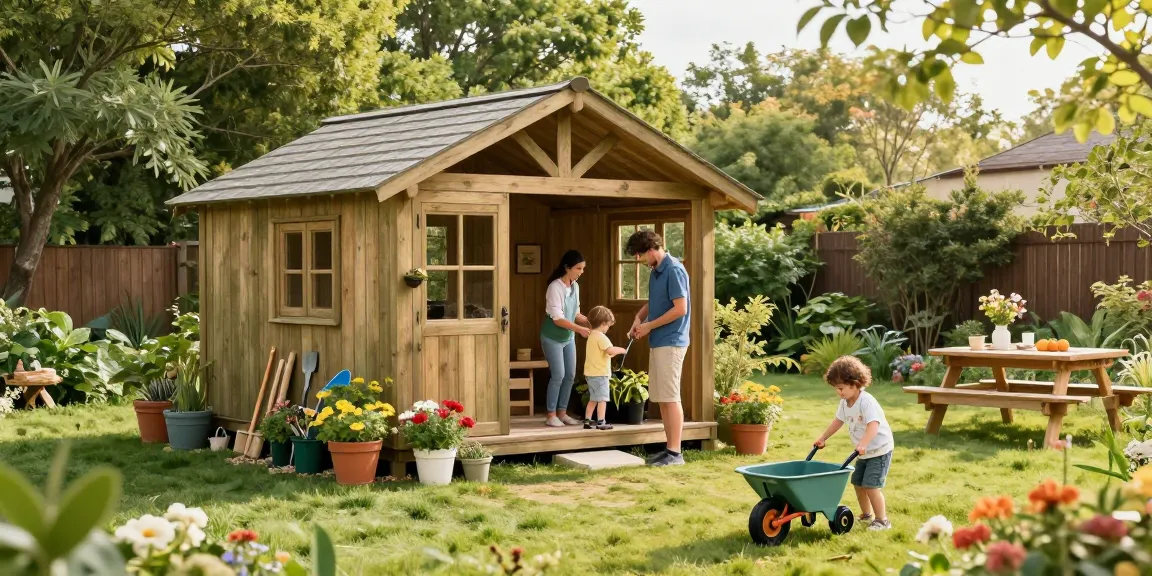 Gartenhäuser aus Holz in einer idyllischen Gartenlandschaft mit spielenden Kindern und blühenden Pflanzen.
