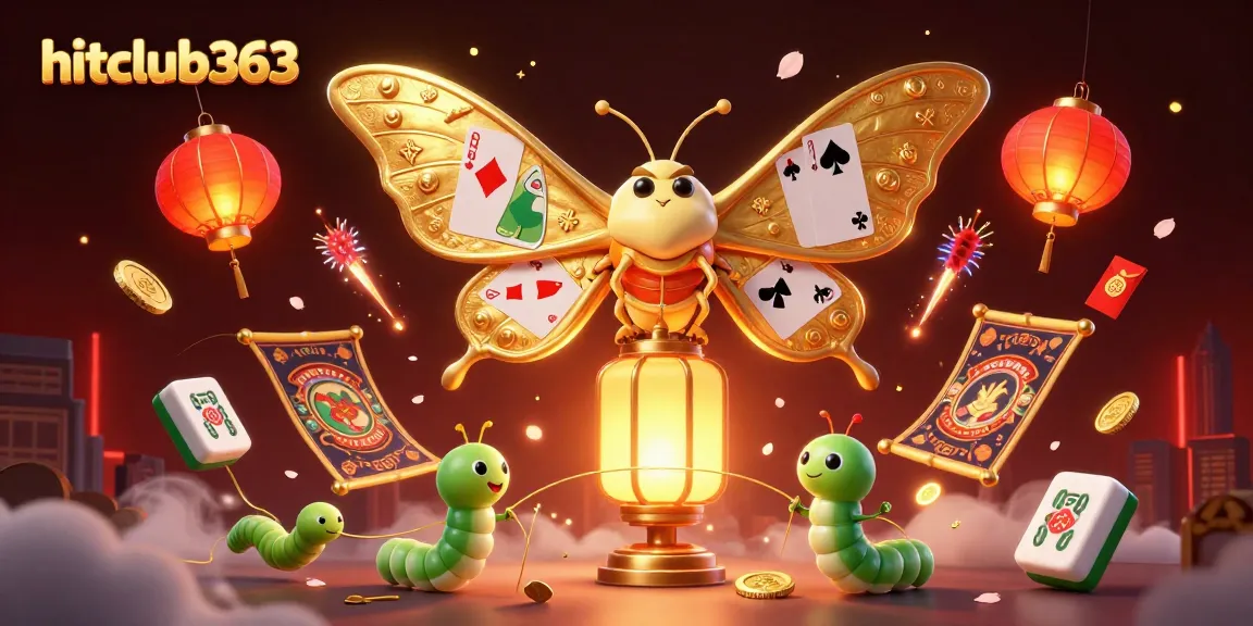 Experience hitclub363 with dazzling golden moths and vibrant casino elements in this captivating scene.