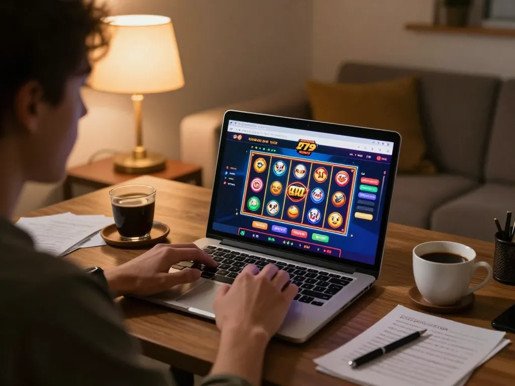 Player enjoying fun79 online gaming on a laptop with coffee, creating an engaging atmosphere.