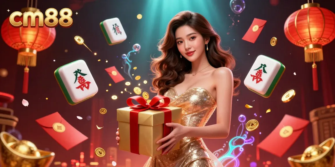 Engage with cm88 at the festive casino with a stunning Asian woman celebrating winning coins and vibrant decorations.