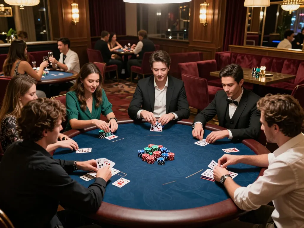 Players engage in an intense poker game at cm88, showcasing strategy and camaraderie in a luxurious setting.