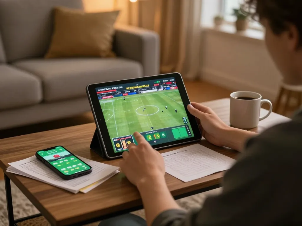 Cakhiatv86 user engaging in sports betting on tablet at home, showcasing responsible gambling atmosphere.
