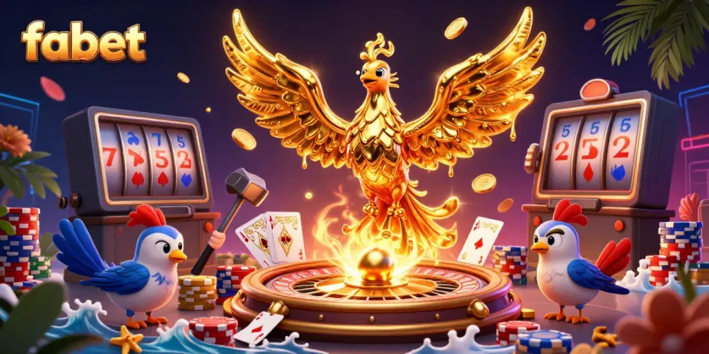 Experience thrilling gameplay at fabet with golden phoenix, poker chips, and roulette, symbolizing casino excitement.