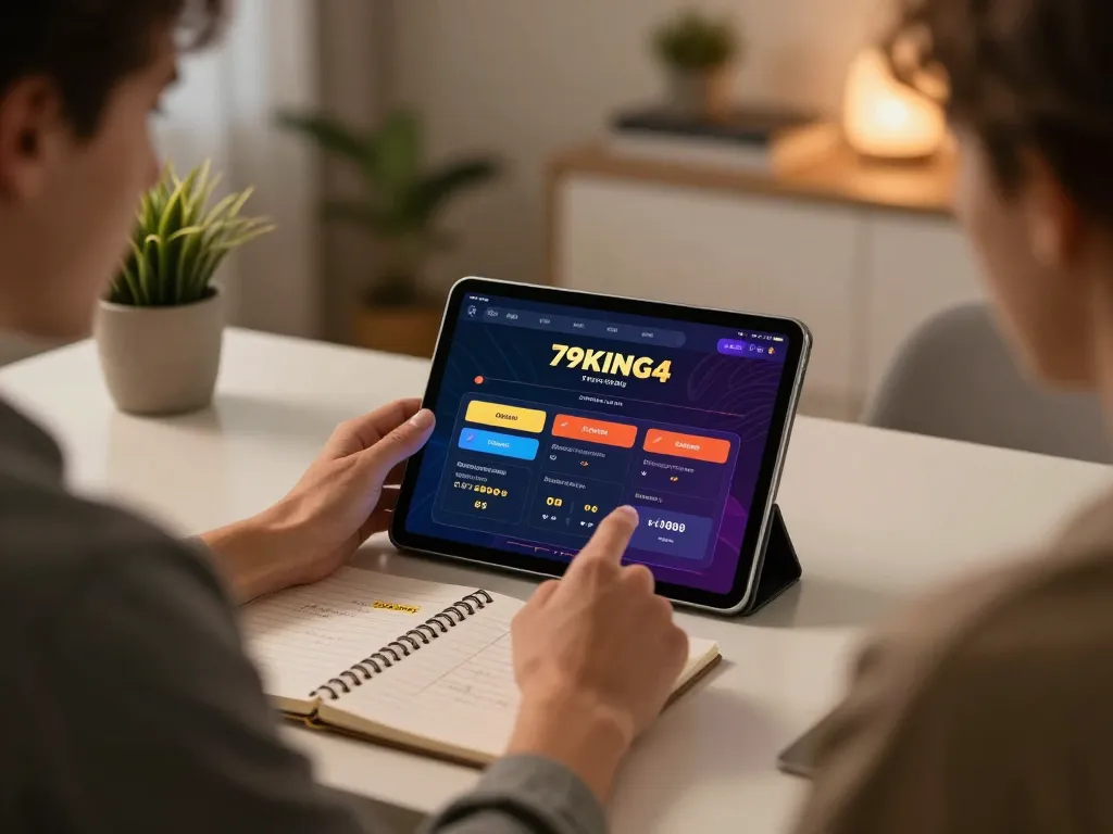 Player engaging with 79king4 app on tablet while analyzing betting strategies at home.