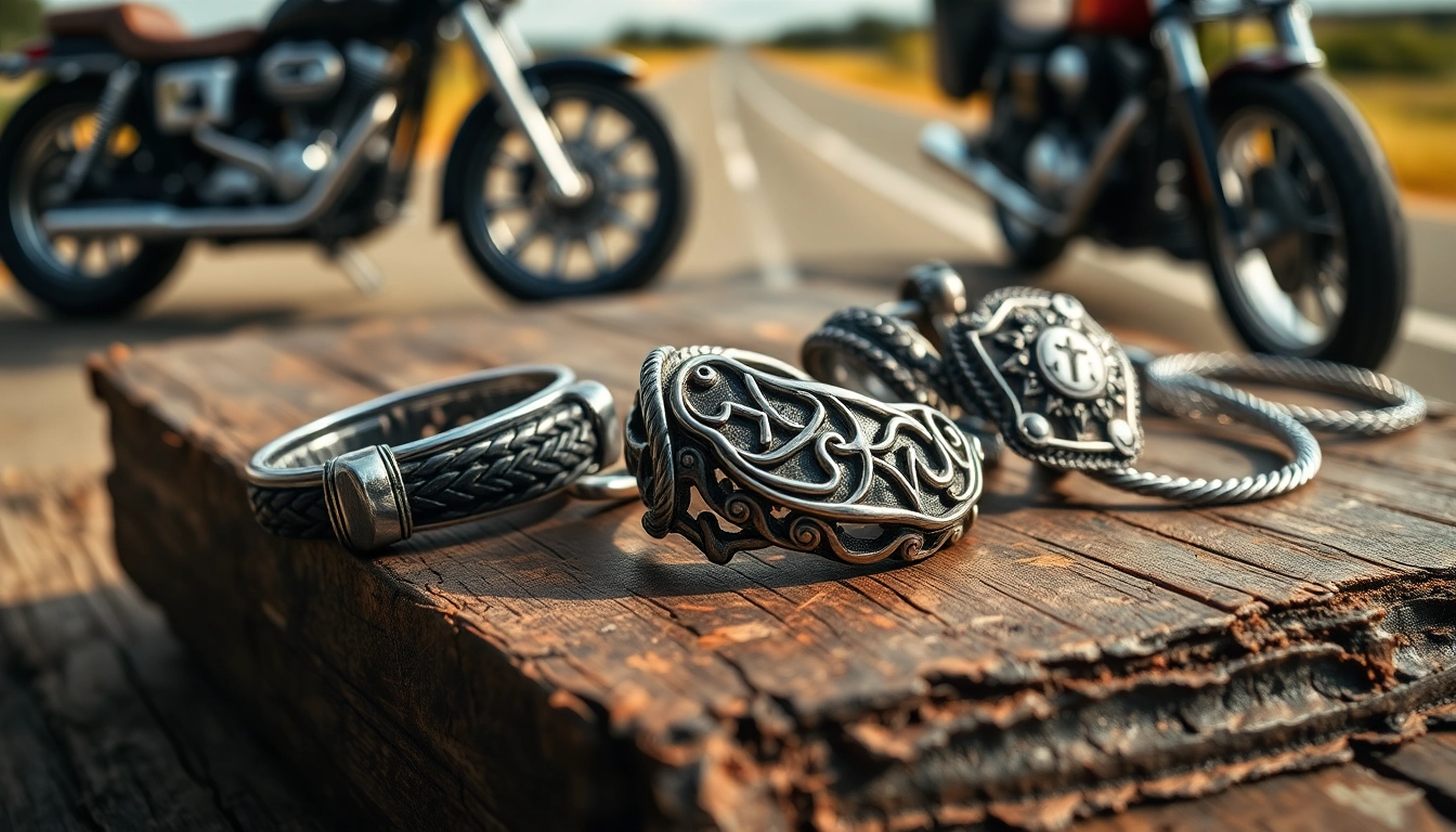 Bikerschmuck auf rustikaler Holzoberfläche, zeigt feine Handwerkskunst und Details.