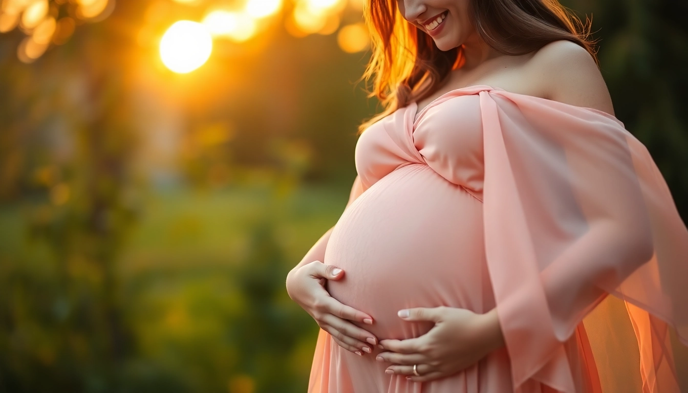 Babybauch Fotoshooting einer schwangeren Frau in einer malerischen Umgebung, die für Atmosphäre sorgt.