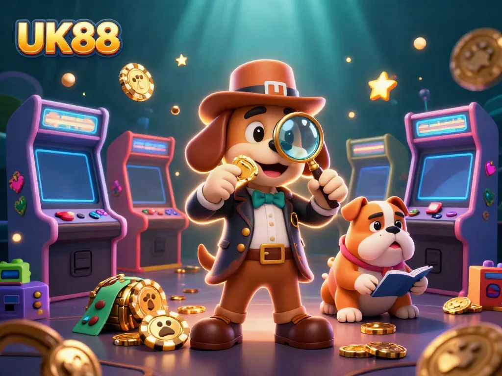 Win big with UK88 as the detective searches for poker chip clues in a vibrant casino landscape.