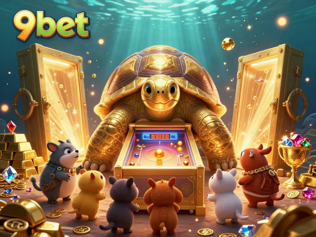 Play and win on 9bet with a golden tortoise pinball machine surrounded by treasure and vibrant casino elements.