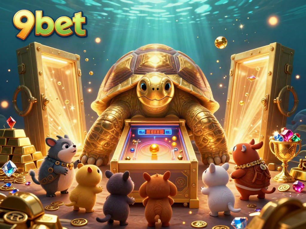 Play and win on 9bet with a golden tortoise pinball machine surrounded by treasure and vibrant casino elements.