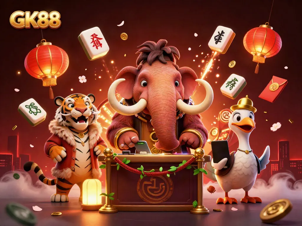 GK88 casino scene showcasing a woolly mammoth bouncer checking IDs under glowing lanterns.