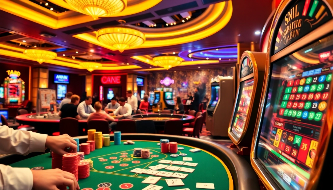 Exciting gaming scene at go888.jp.net with players at a poker table and a spinning roulette wheel.