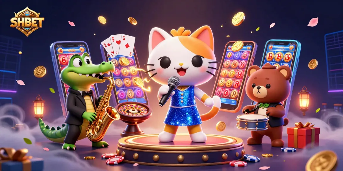 Join the fun at SHBET, playing vibrant slot games with lively cartoon characters in a dazzling casino.