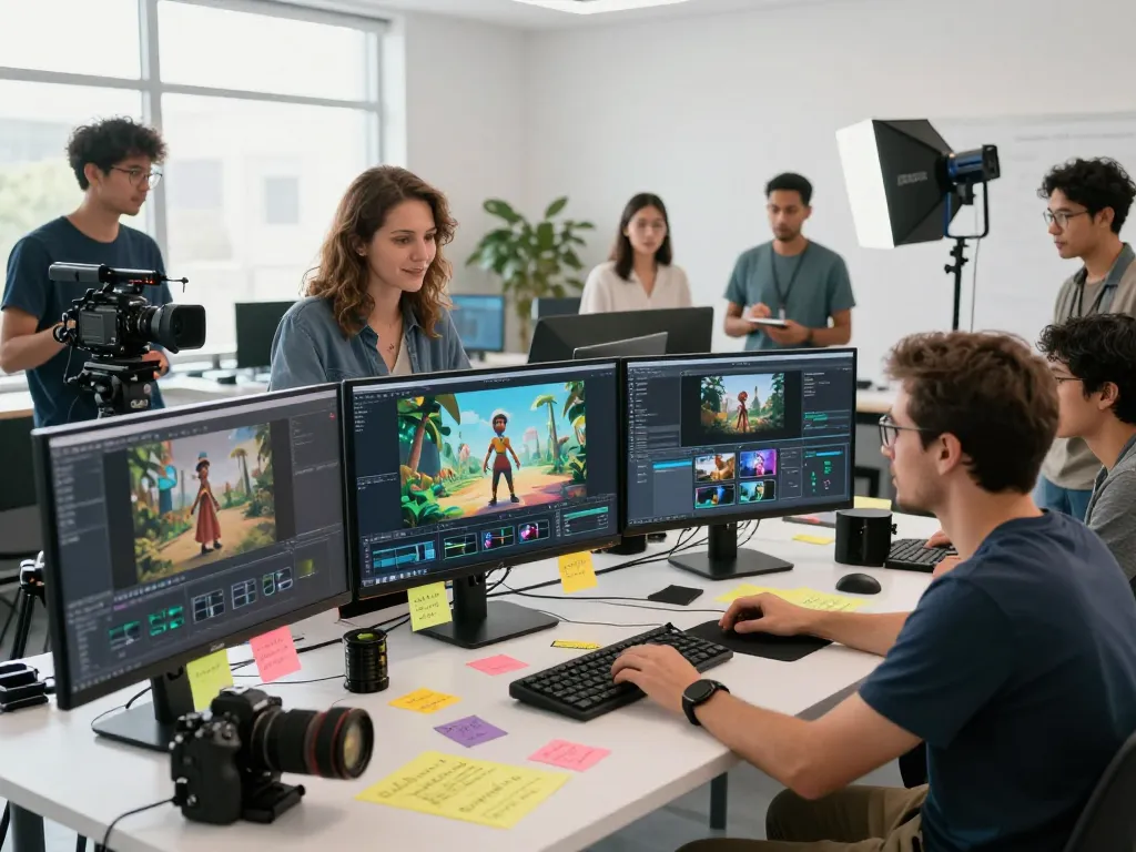 Professional creators collaborating on free motion control video project in a vibrant studio.