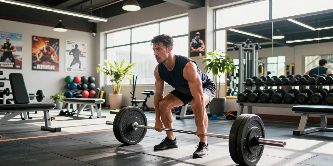 Ein Mann im Anabolika Shop hebt Gewichte in einem modernen Fitnessstudio, umgeben von Fitnessgeräten.