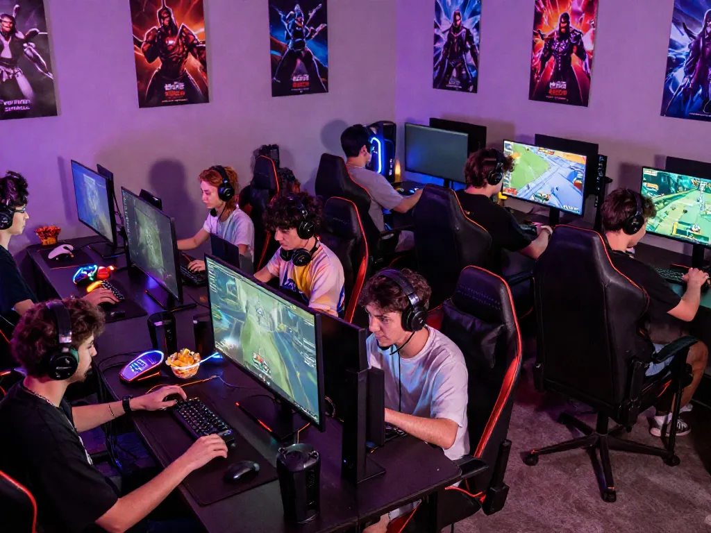 F168 gaming enthusiasts engaged in multiplayer competition within a lively gaming lounge with vibrant LED lighting.