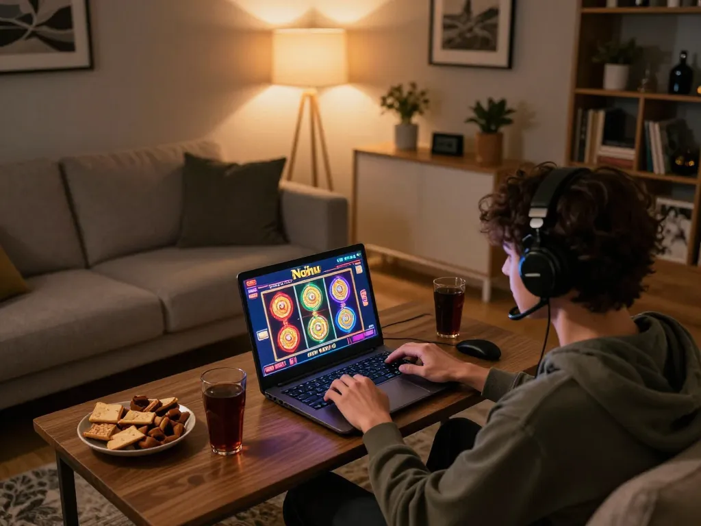 Nohu player enjoying a thrilling online slot game on their laptop in a cozy home setting.