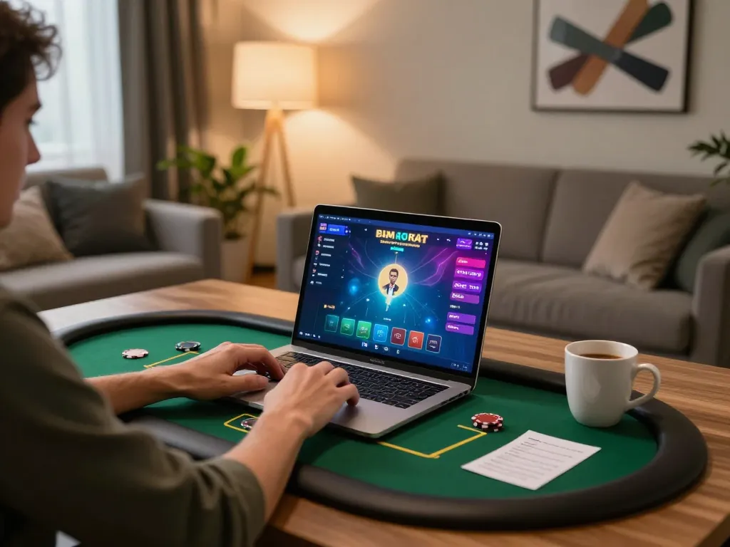 Engaging online poker gameplay on https://98winn.net/ showcasing cozy home setup with laptop and casino atmosphere.