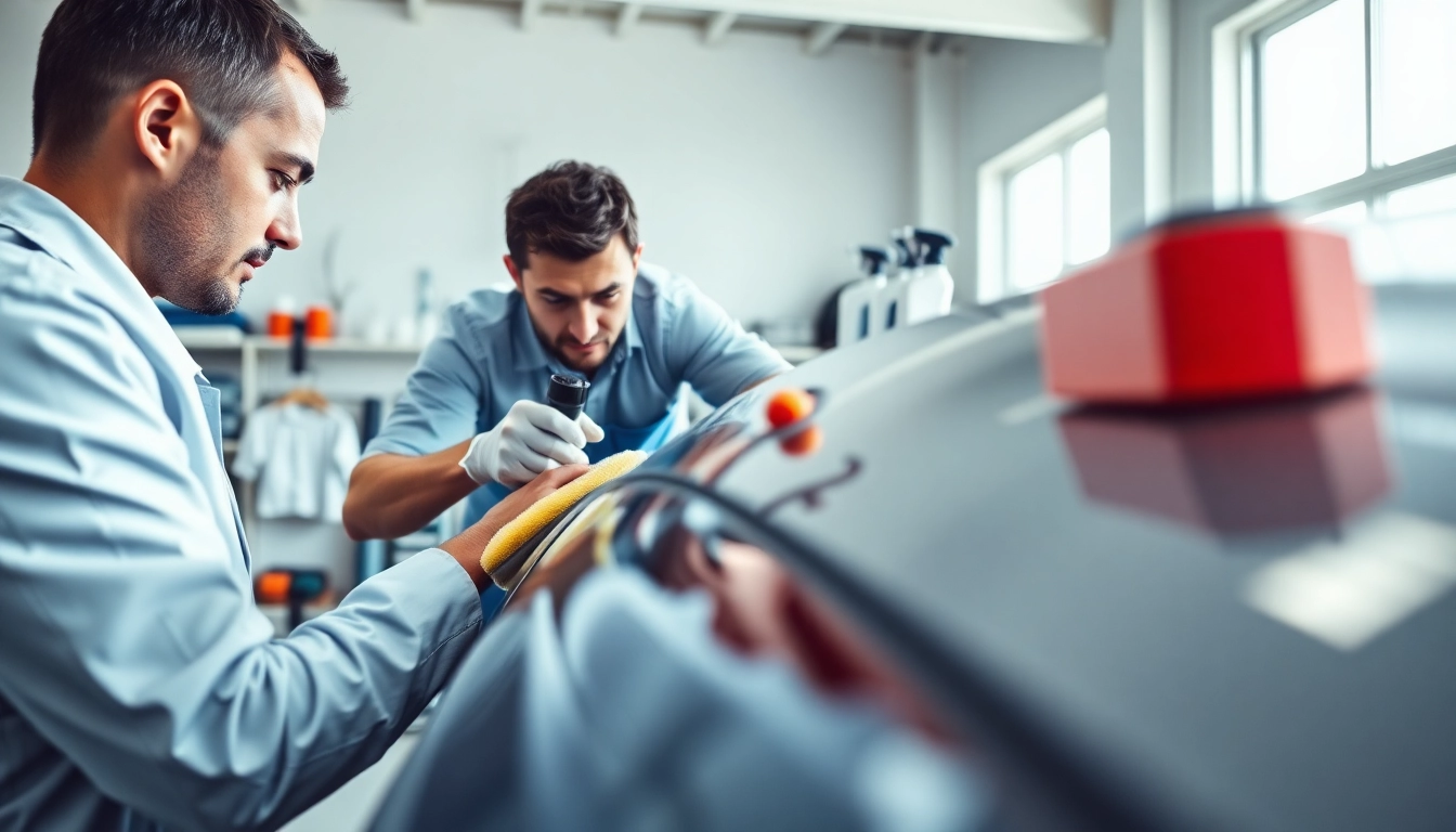 Professionelle Fahrzeugaufbereitung mit Detailarbeit an einem Auto in einem hellen Werkstattumfeld.