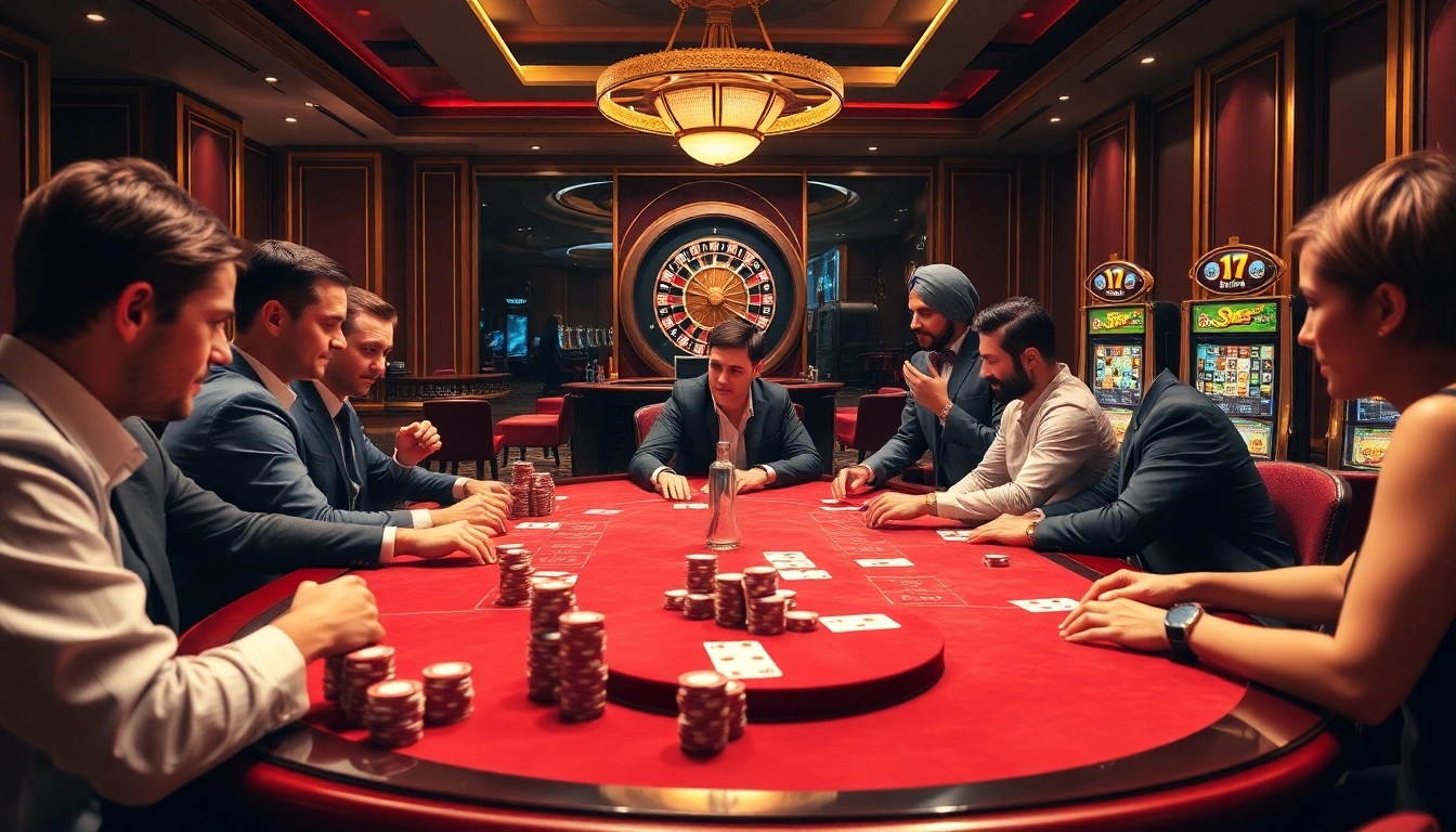 Players enjoy a vibrant poker game at เว็บ soibet, surrounded by illuminating slot machines and luxurious decor.