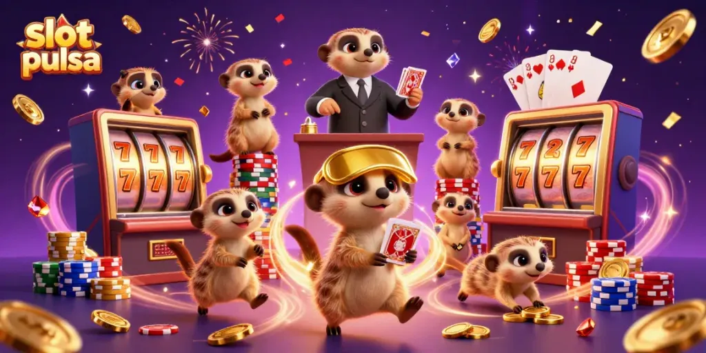 Experience the excitement of slot pulsa with vibrant meerkats running a dazzling casino operation.